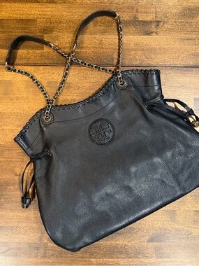 TORY BURCH Marion Chain Black Slouchy Pebble Leather Shoulder Bag